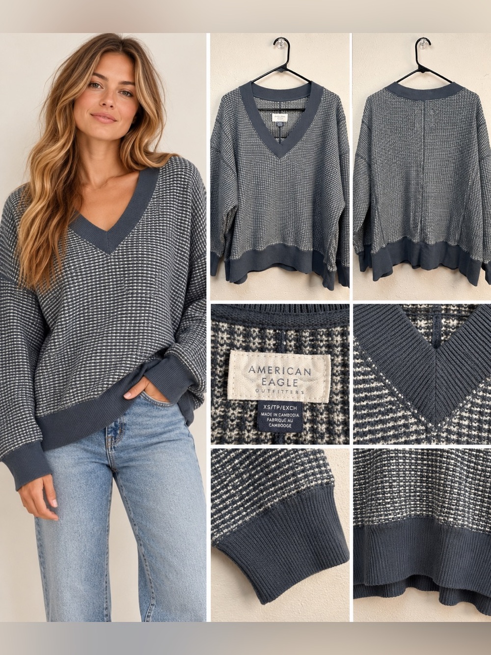 American Eagle Waffle Knit V Neck Oversized Pullover Sweater Blue Gray
